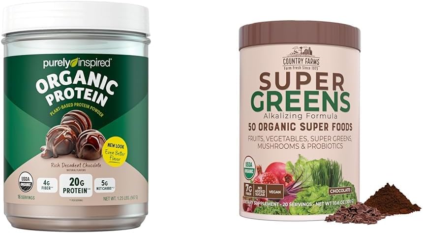 Organic Protein Powder & Super Greens Drink Mix Bundle (16+20 Servings) by Purely Inspired & Country Farms