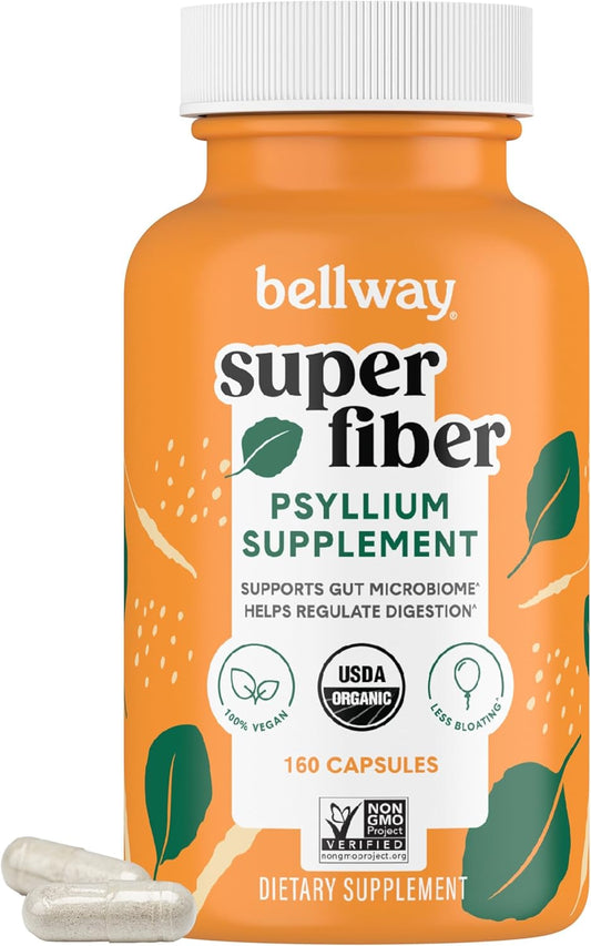 Organic Psyllium Husk Fiber Capsules for Digestive Health - Plant Based Supplement - Non-GMO, Kosher - 160 Capsules