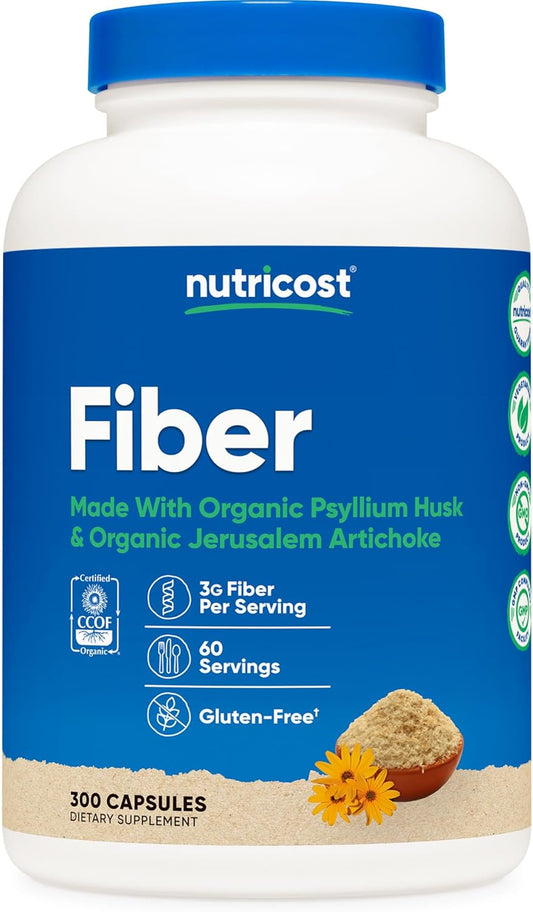 Organic Psyllium Husk & Jerusalem Artichoke Fiber Capsules - 300 Capsules, 60 Servings, Gluten Free, 3g Per Serving - Nutricost Prebiotic Fiber Supplement