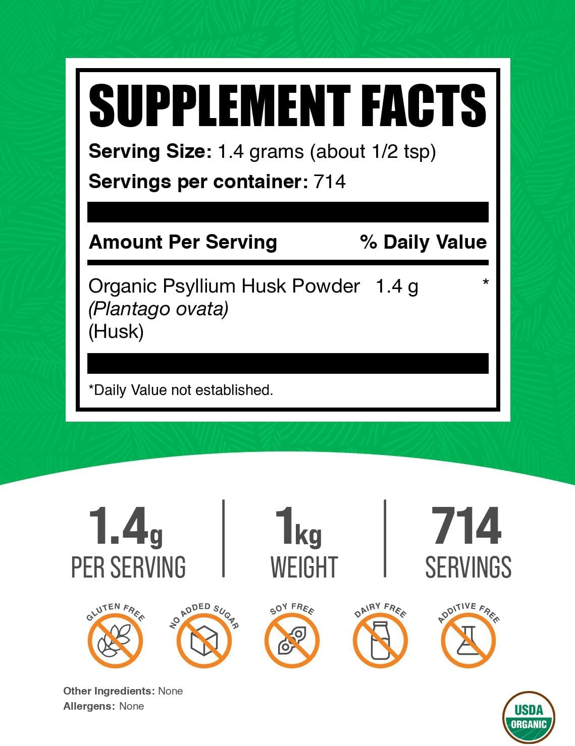Organic Psyllium Husk Powder - High Fiber Supplement for Baking, Gluten Free 1kg (2.2 lbs)