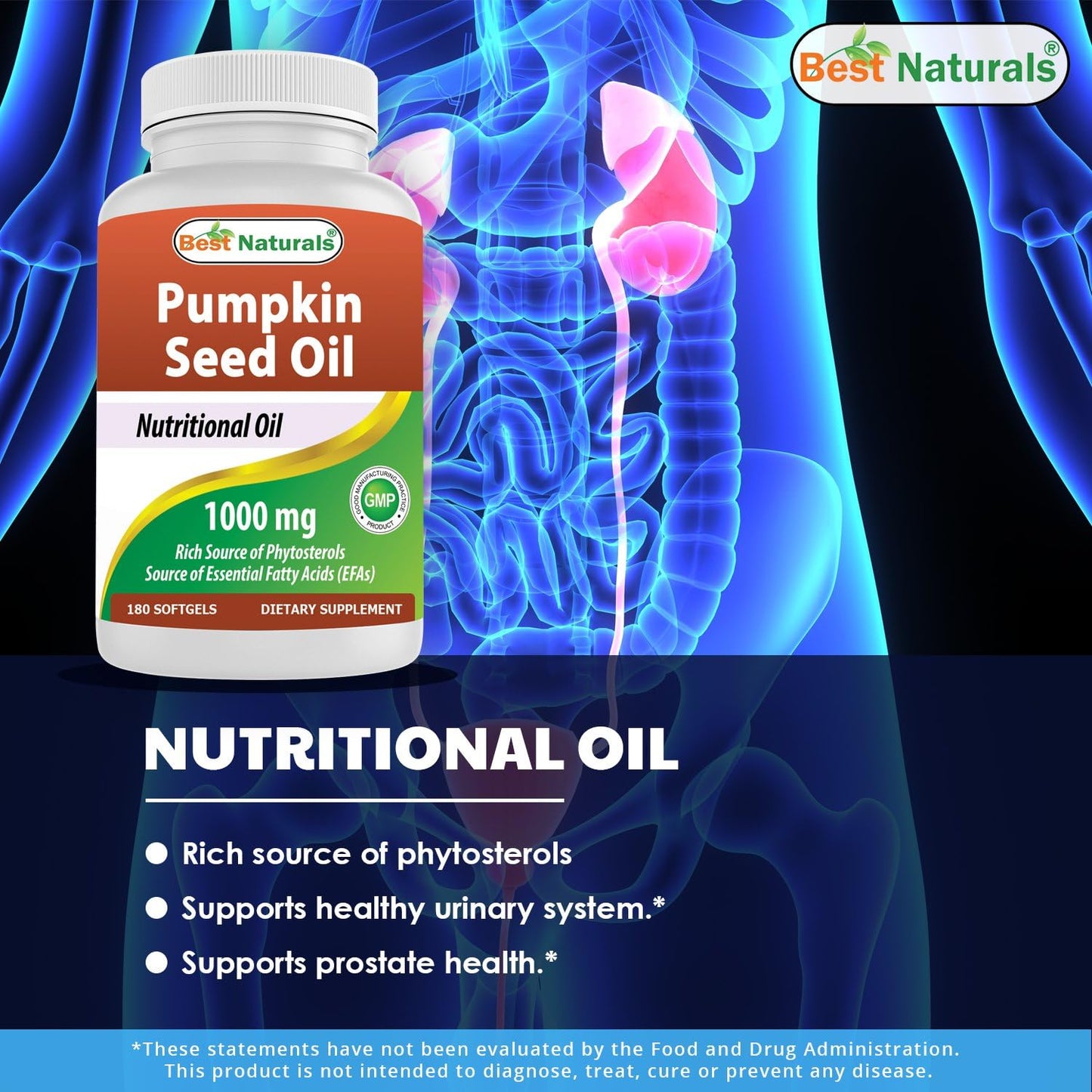 Organic Pumpkin Seed Oil Softgels for Bladder Health - 1000 mg, 180 Count - Top Quality Formula