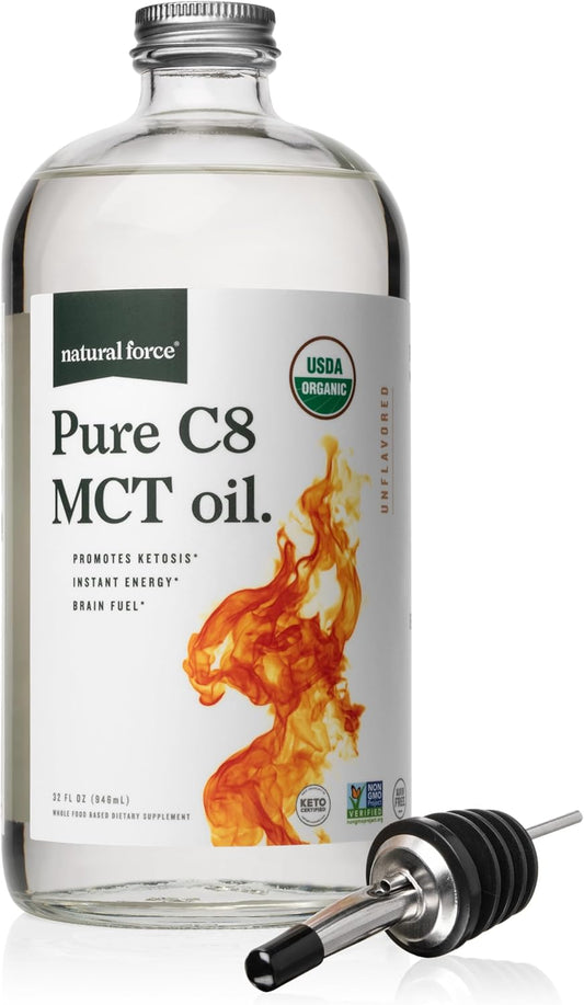 Organic Pure C8 MCT Oil in Glass Bottle - Concentrated Caprylic Acid - Keto, Paleo, Kosher - Vegan & Non-GMO - Lab Tested, 32 oz