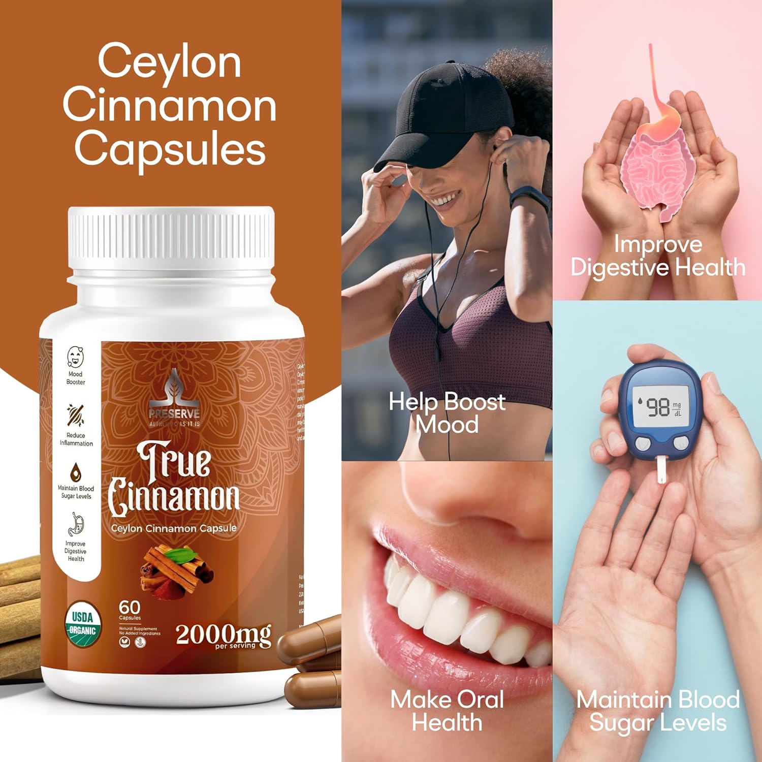 Organic Pure Ceylon Cinnamon Capsules - 2,000mg, Non-GMO, Gluten-Free, Vegan - Two Month Supply of Sri Lanka Cinnamon Powder - Sugar-Free