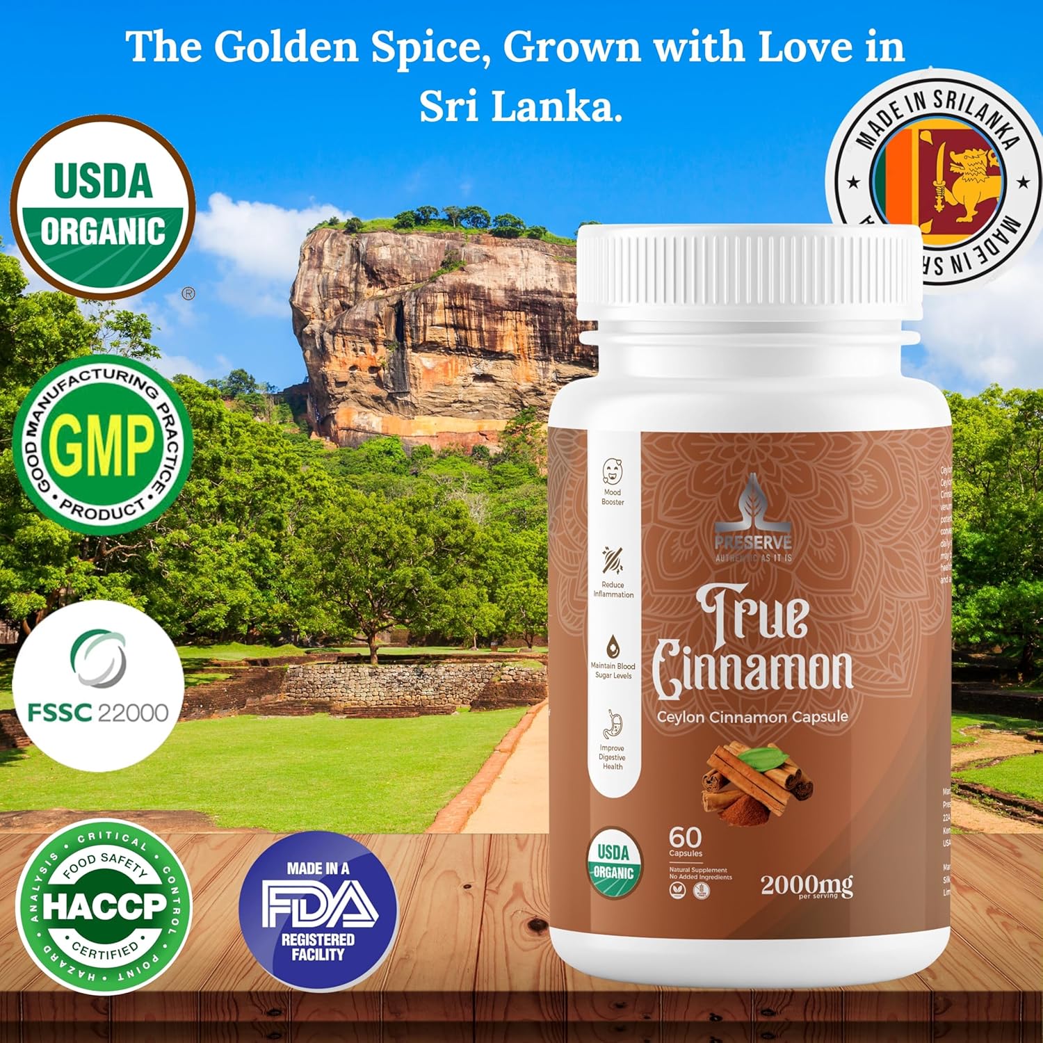 Organic Pure Ceylon Cinnamon Capsules - 2,000mg, Non-GMO, Gluten-Free, Vegan - Two Month Supply of Sri Lanka Cinnamon Powder - Sugar-Free
