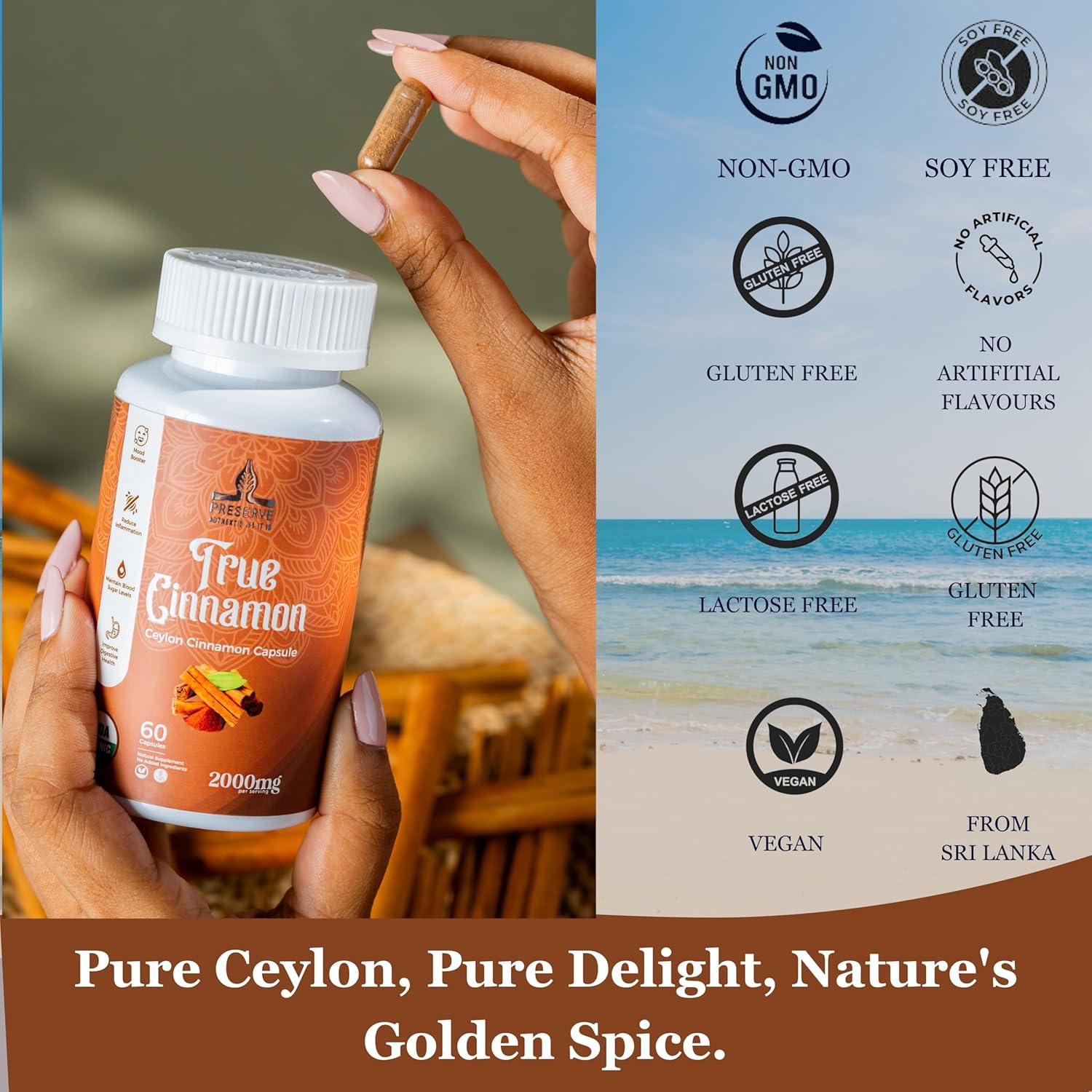 Organic Pure Ceylon Cinnamon Capsules - 2,000mg, Non-GMO, Gluten-Free, Vegan - Two Month Supply of Sri Lanka Cinnamon Powder - Sugar-Free