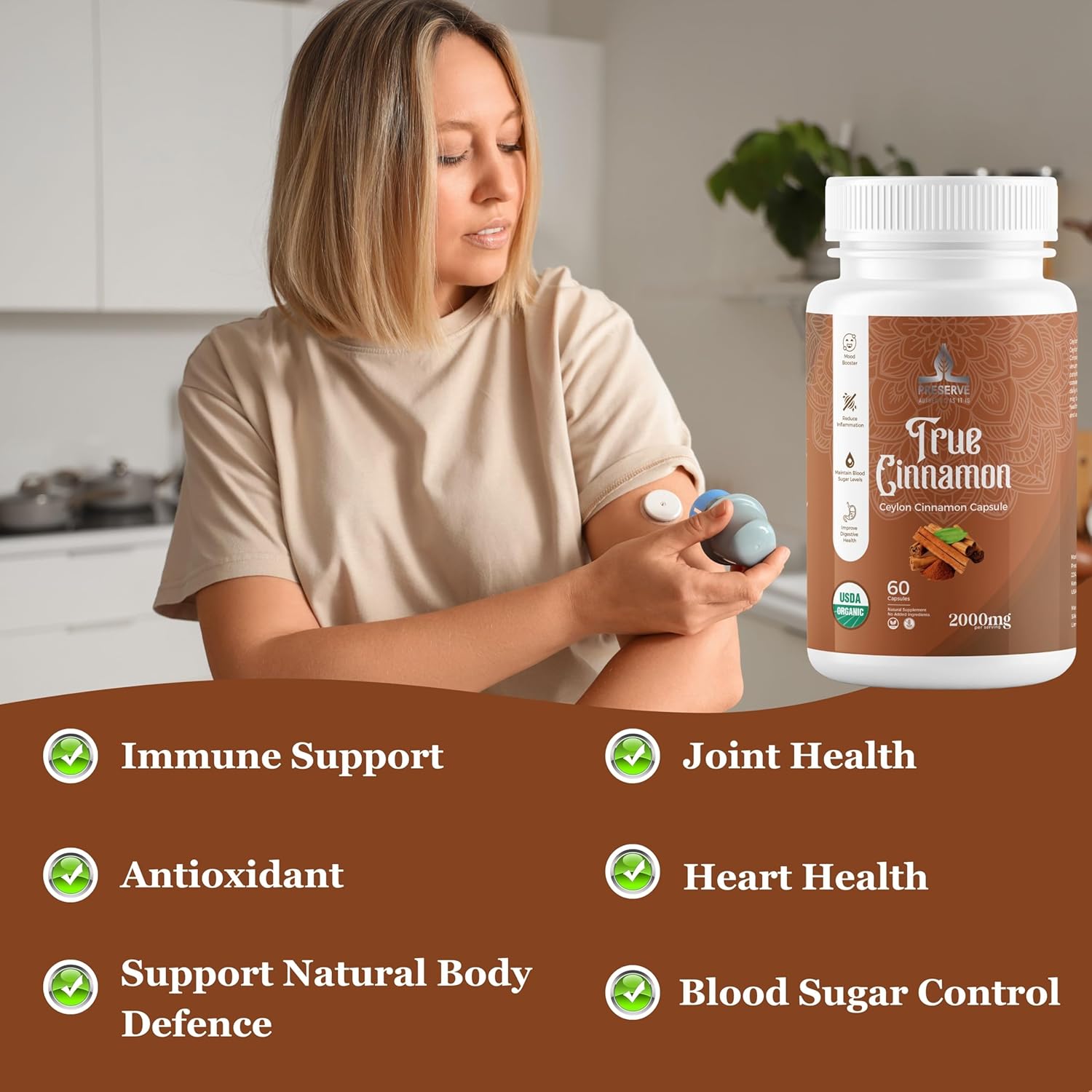 Organic Pure Ceylon Cinnamon Capsules - 2,000mg, Non-GMO, Gluten-Free, Vegan - Two Month Supply of Sri Lanka Cinnamon Powder - Sugar-Free