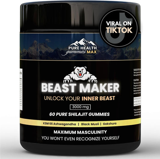 Organic Pure Health Max Beast Maker Shilajit Gummies for Men - Male Enhancement Supplement with Ashwagandha, Black Musli, Gokshura - 60 Gummies