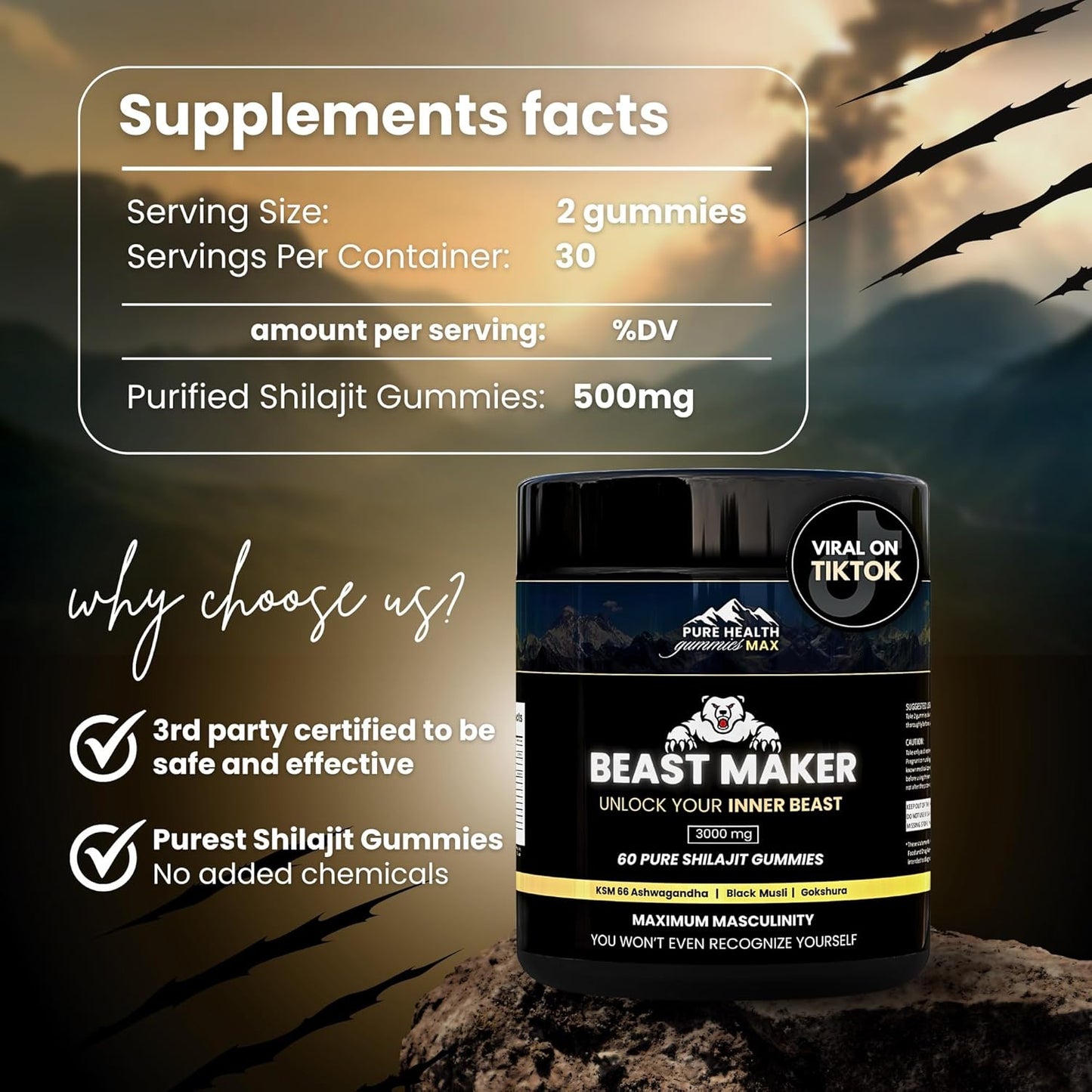 Organic Pure Health Max Beast Maker Shilajit Gummies for Men - Male Enhancement Supplement with Ashwagandha, Black Musli, Gokshura - 60 Gummies