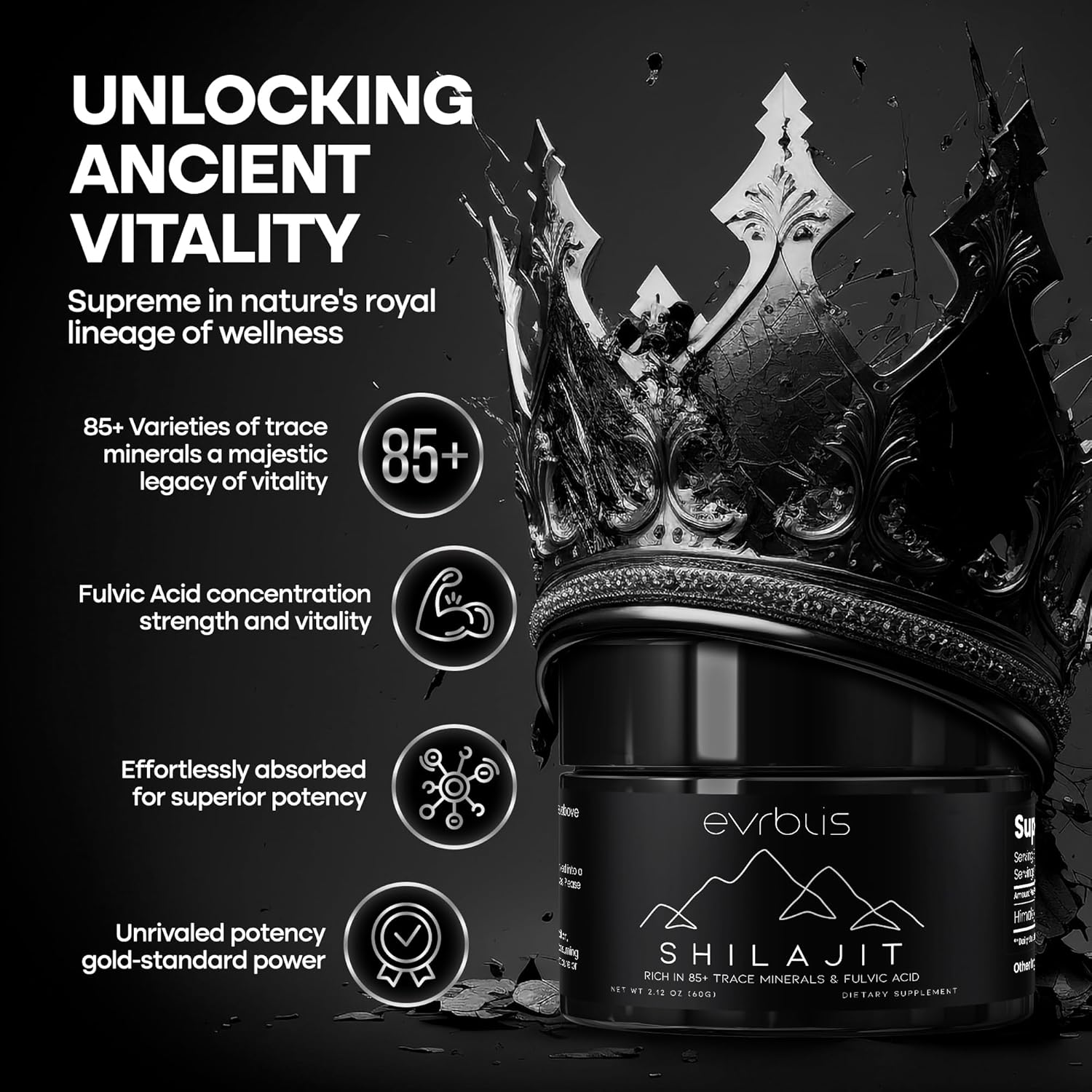 Organic Pure Himalayan Shilajit Resin Supplement for Energy & Immune Support - Max Potency Gold Grade Formula with 85+ Minerals & Fulvic Acid - 60g, 120 Servings