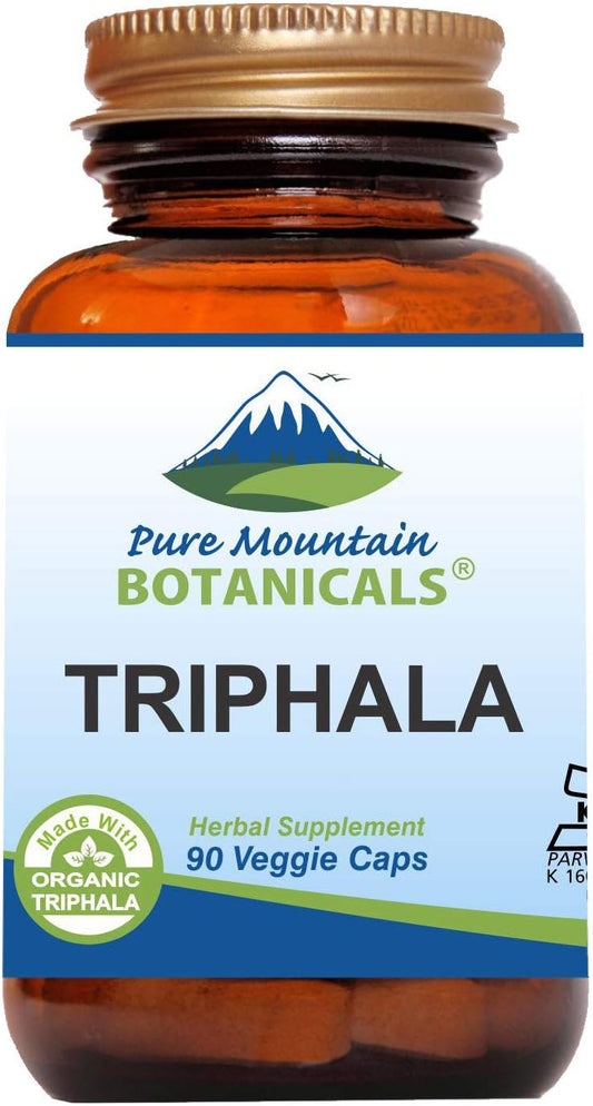 Organic Pure Mountain Botanicals Triphala Capsules - 90 Kosher Vegan Caps - 500mg Amla Indian Fruit Blend
