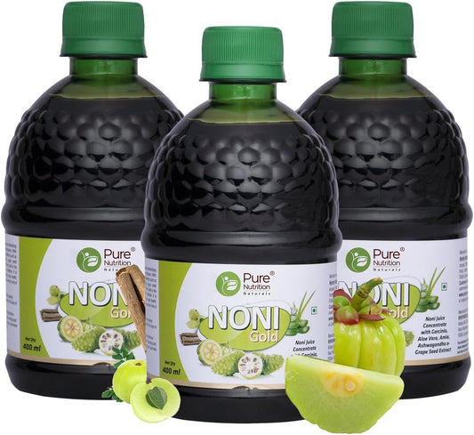 Organic Pure Nutrition Noni Gold Juice Concentrate with Garcinia, Aloe Vera, Amla, Ashwagandha, and Grape Seed Extract - 400ml x 3 Pack