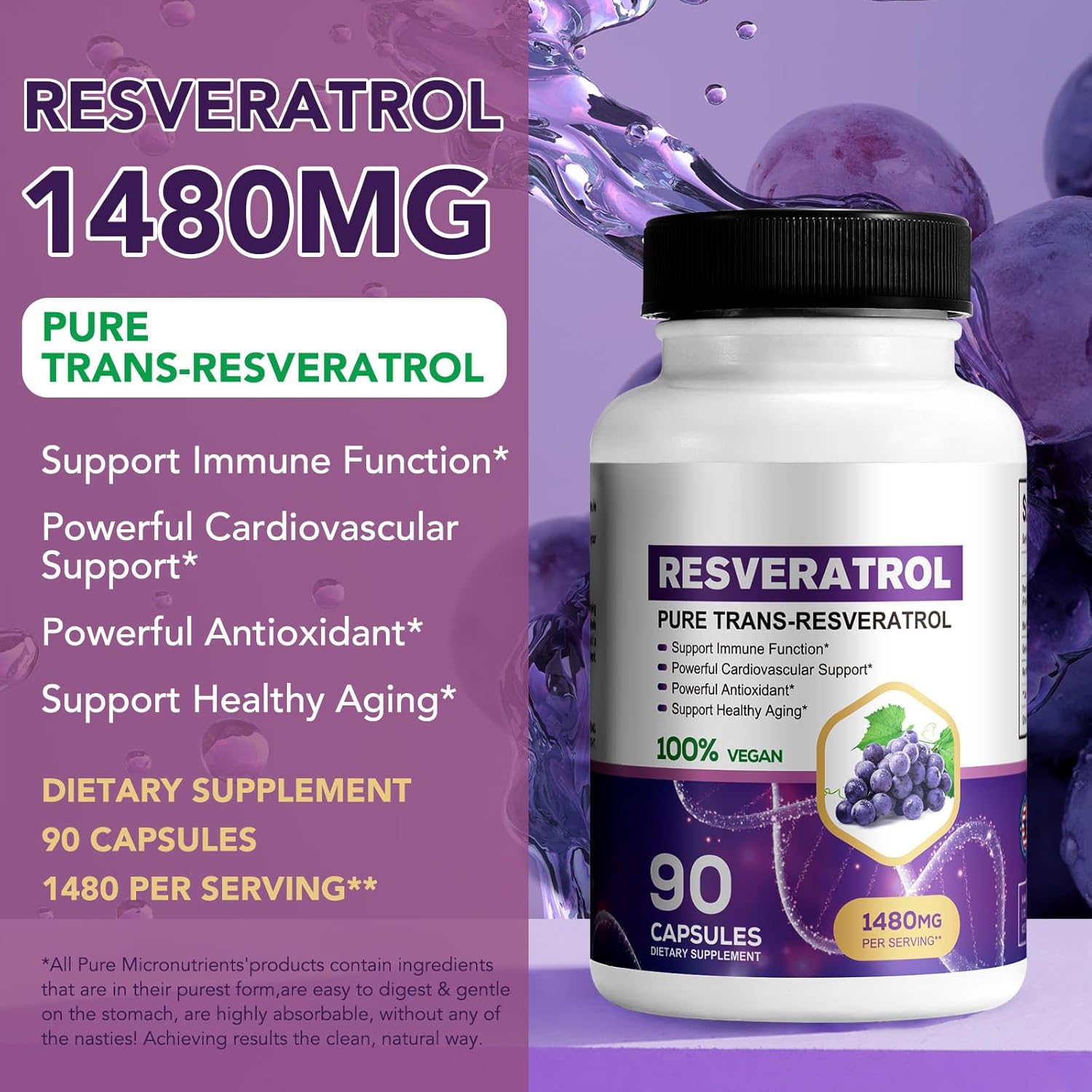 Organic Pure Resveratrol Supplement 1480mg - 90 Capsules for Fast Absorption - Skin & Body Health for Men & Women - Non-GMO & Gluten-Free