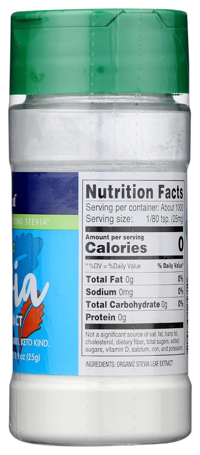 Organic Pure Stevia Powder Shaker - Zero Calorie Sweetener with Stevia Extract, Sugar-Free, Keto & Gluten-Free - 0.9 Oz Jar