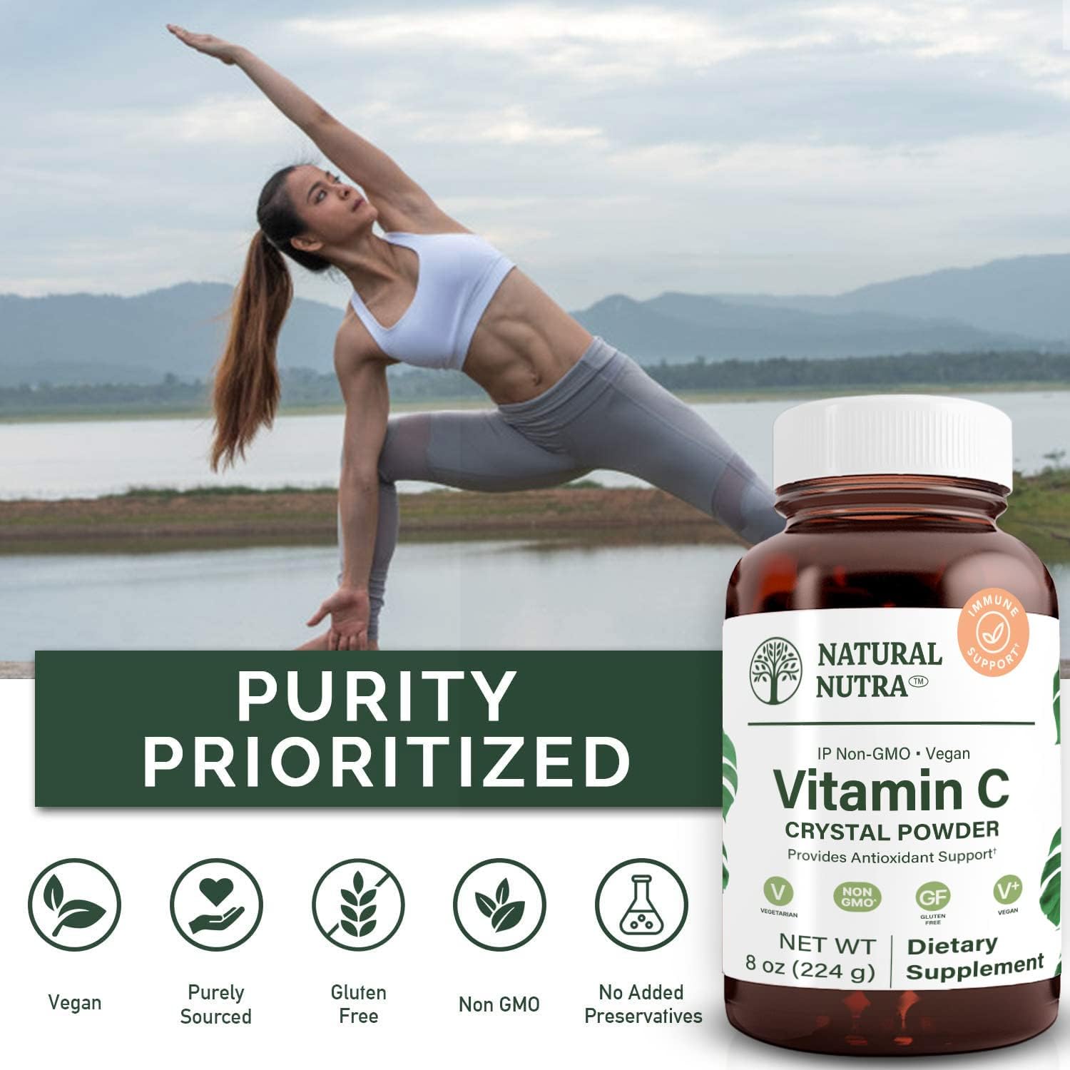 Organic Pure Vitamin C Crystal Powder - Immunity Boost, Capillary Strength, Iron Absorption - Non-GMO, Herbicide & Pesticide Free - 8 Oz