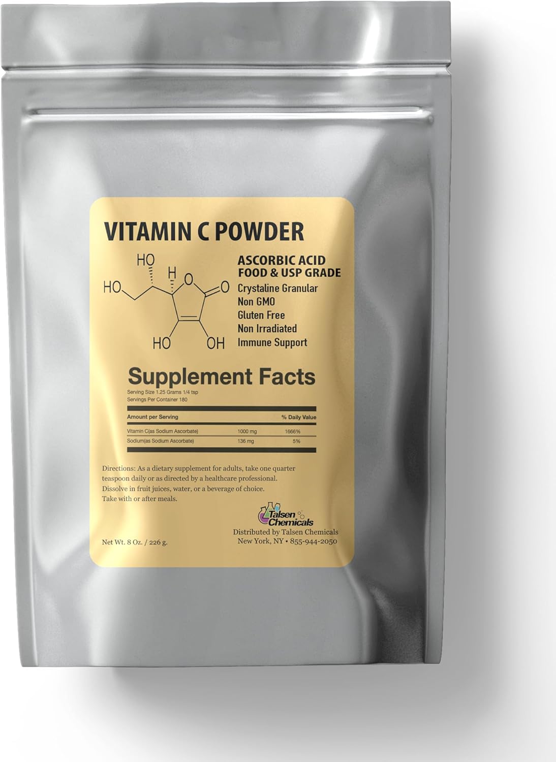 Organic Pure Vitamin C Powder (8 Oz / 226 g) - Ascorbic Acid for DIY Skin Care - Powerful Antioxidant for Skin