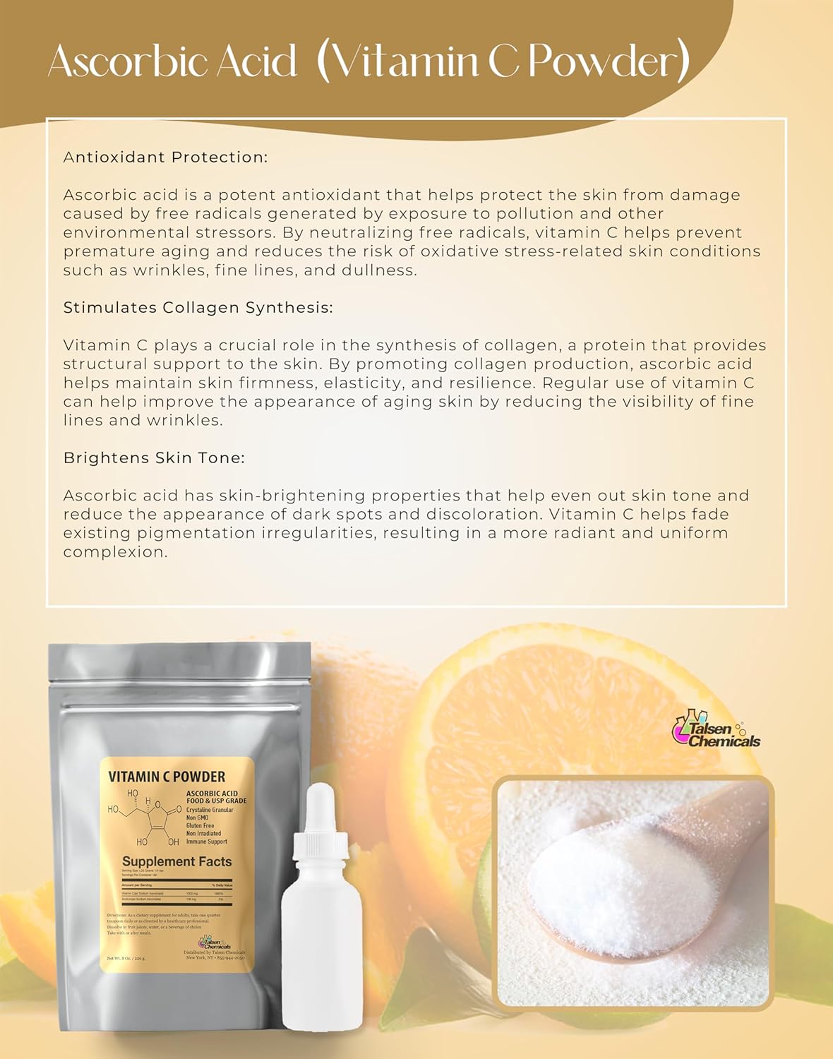 Organic Pure Vitamin C Powder (8 Oz / 226 g) - Ascorbic Acid for DIY Skin Care - Powerful Antioxidant for Skin