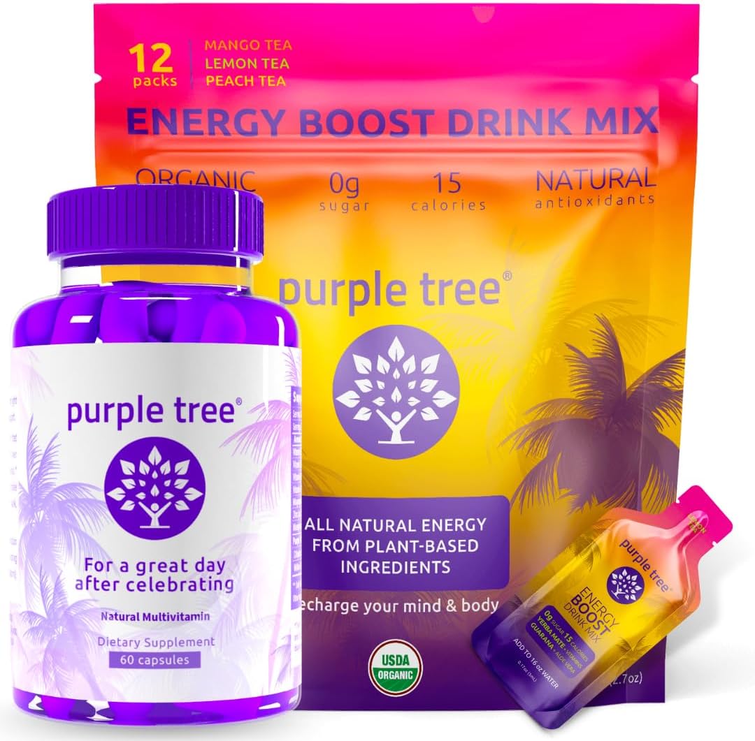 Organic Purple Tree Post-Celebration Energy Boost & Hydration Combo - 60ct Bottle + 12 Water Packets