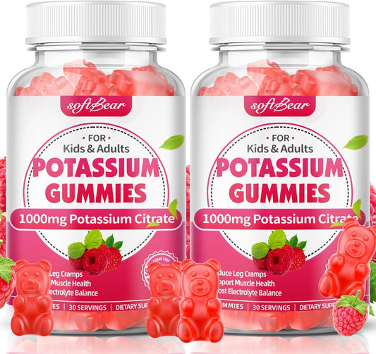 Organic Raspberry Flavored Potassium Gummies 1000mg for Adults - Supports Leg Cramps & Muscle Health - 120 Count