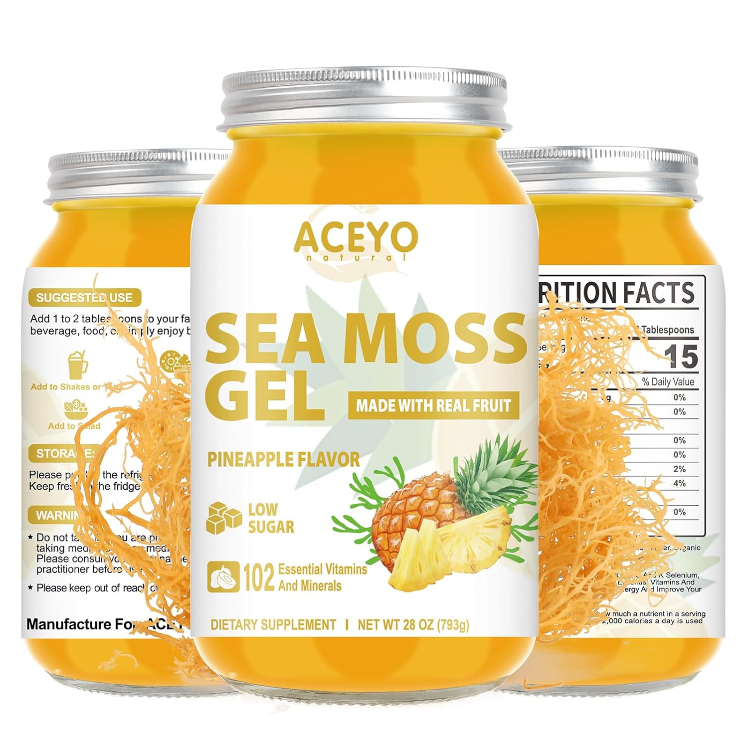 Organic Raw ACEYO Sea Moss Gel (28 oz) - Pineapple Flavored Vegan Supplement with 102 Vitamins and Minerals for Immune and Digestive Support