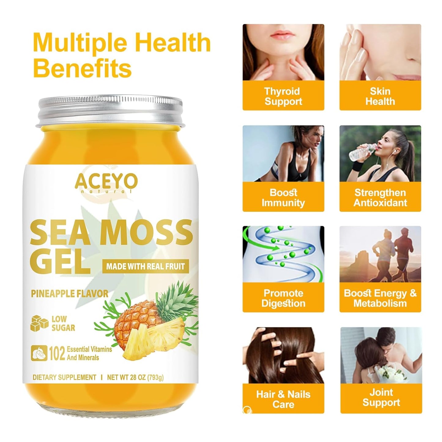 Organic Raw ACEYO Sea Moss Gel (28 oz) - Pineapple Flavored Vegan Supplement with 102 Vitamins and Minerals for Immune and Digestive Support