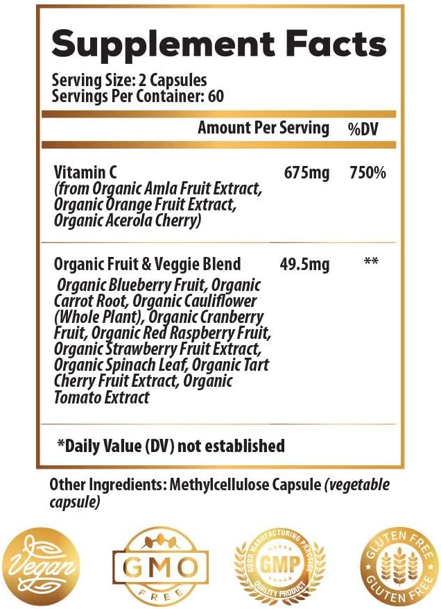 Organic Raw Whole Food Vitamin C Complex with Bioflavanoids - 60 Servings - No Synthetic Ascorbic Acid - Made from Organic Oranges and Acerola Cherries