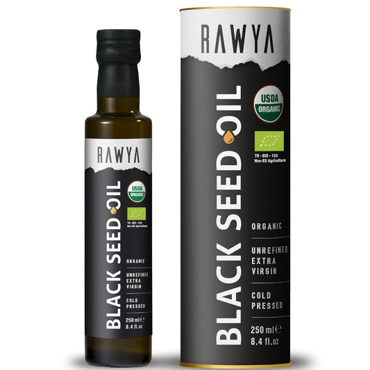 Organic RAWYA Black Seed Oil | Cold Pressed Nigella Sativa | High TQ | Non-GMO | Pure and Natural | 8.4 Fl Oz Glass Bottle