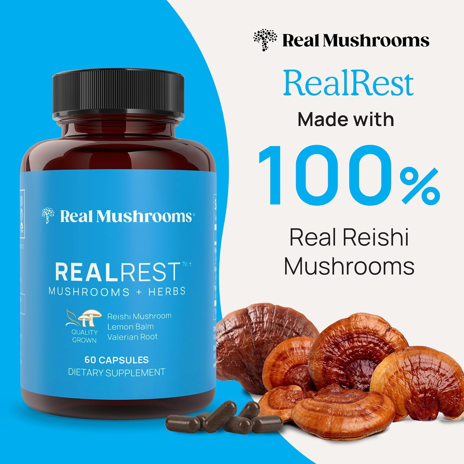 Organic RealRest 60ct Reishi Mushroom Capsules with Lemon Balm for Relaxation and Sleep Support