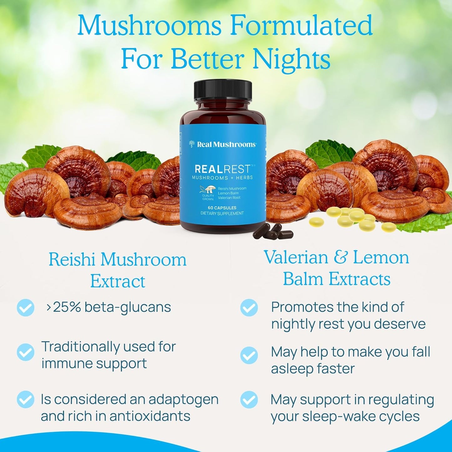 Organic RealRest 60ct Reishi Mushroom Capsules with Lemon Balm for Relaxation and Sleep Support