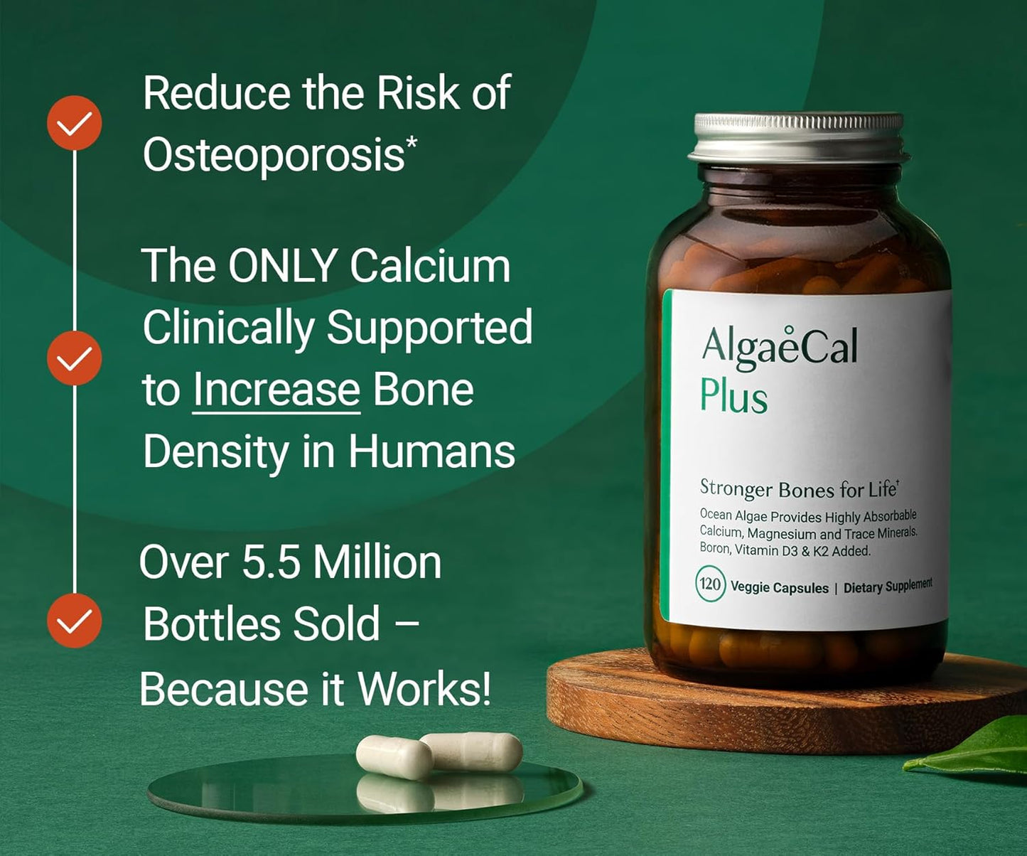 Organic Red Algae Calcium Supplement for Women with Vitamin K2, D3, Magnesium, and Trace Minerals - 120 Easy-to-Swallow Veg Caps for Improved Bone Strength