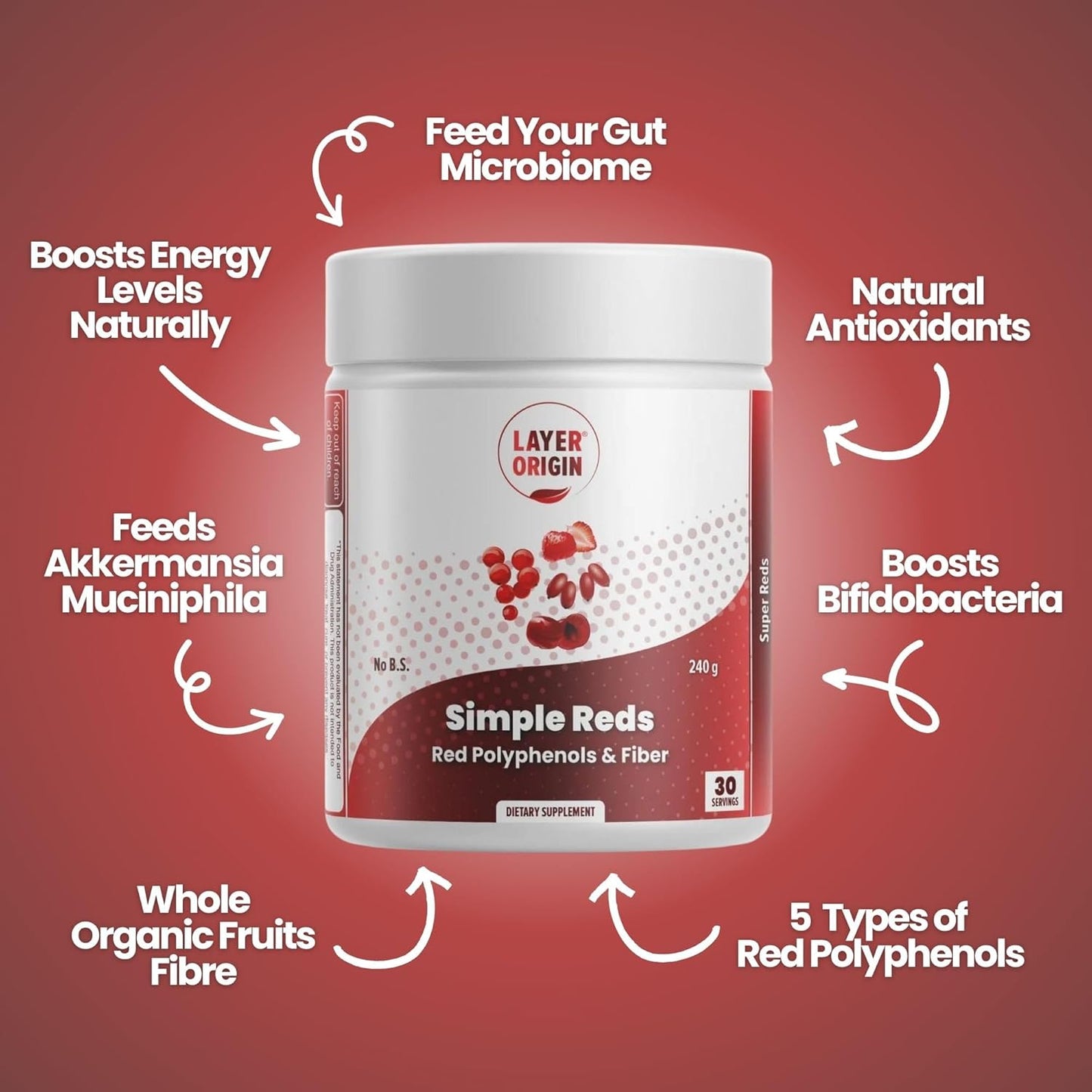 Organic Red Polyphenols Fruit Powder - Five Real Red Whole Fruits - 30 Servings