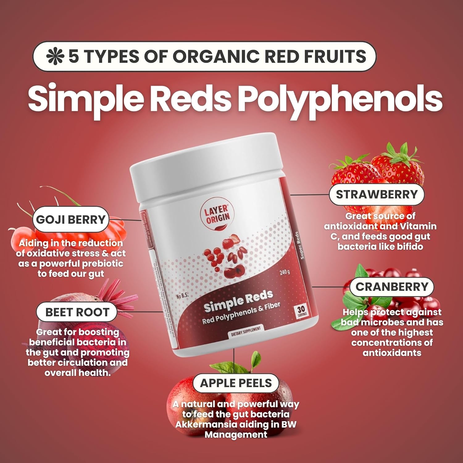 Organic Red Polyphenols Fruit Powder - Five Real Red Whole Fruits - 30 Servings