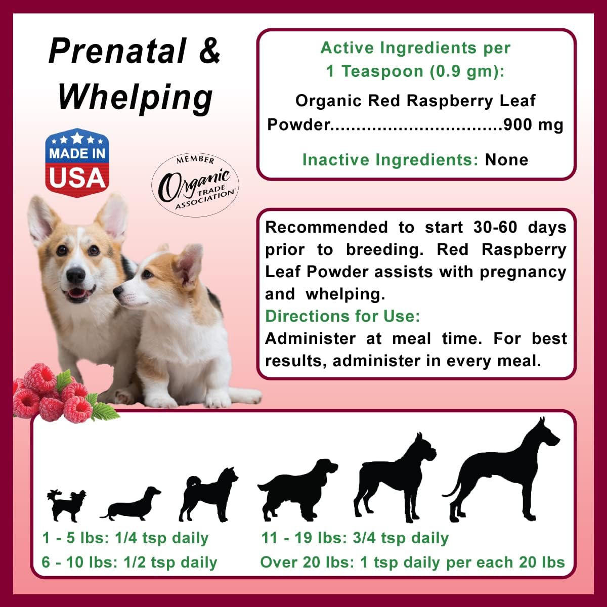 Organic Red Raspberry Leaf Powder for Dogs and Cats - Natural Remedy for Whelping Issues and False Pregnancy Prevention (20 oz)