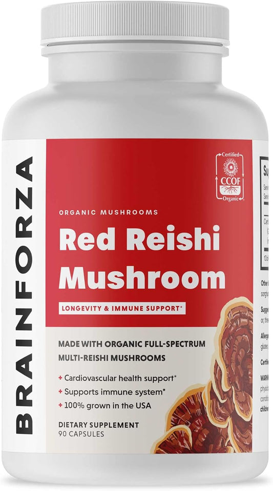 Organic Red Reishi Mushroom Capsules for Immune Support and Wellness, Non-GMO, Vegan, 90 Capsules