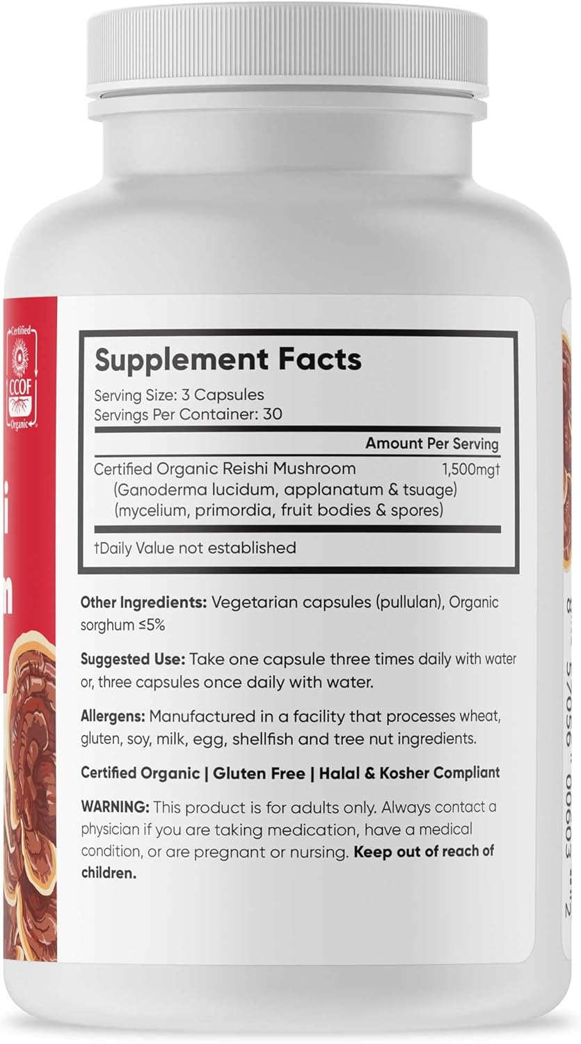 Organic Red Reishi Mushroom Capsules for Immune Support and Wellness, Non-GMO, Vegan, 90 Capsules