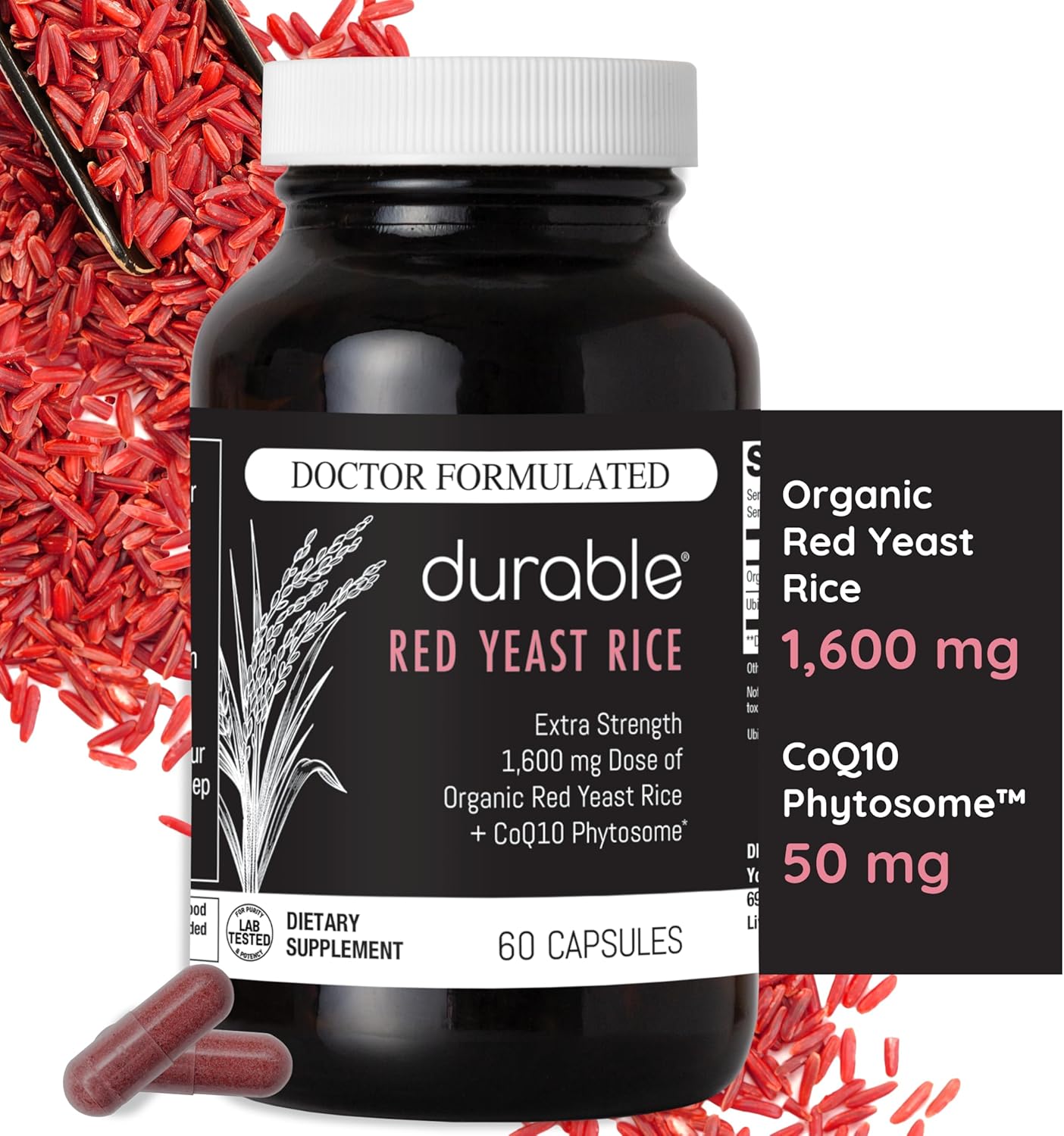 Organic Red Yeast Rice with CoQ10 for Heart Health - 4800mg Total, Cholesterol Management, Healthy Blood Flow - 180 Count