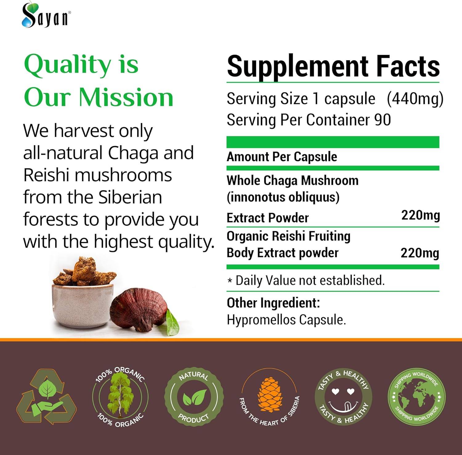 Organic Reishi and Siberian Chaga Mushroom Extract Capsules - Immune System Support and Energy Boost - Wild-Harvested Antioxidant Blend - 90 Capsules