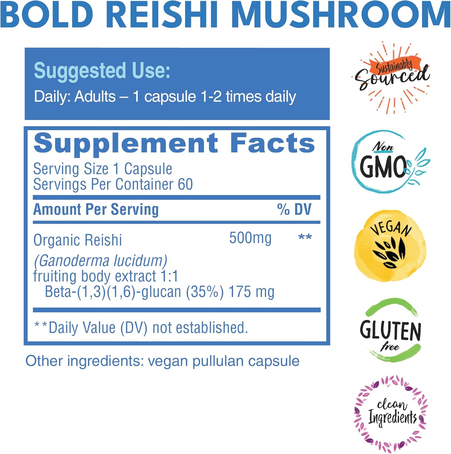 Organic Reishi Mushroom Capsules - 100% Fruiting Body Extract for Immune Support - Vegan & Concentrated - 60 Capsules