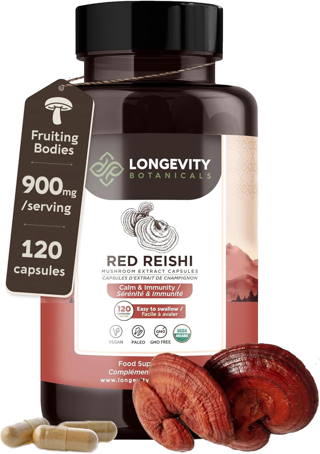 Organic Reishi Mushroom Capsules - Immune Support, Relaxation, Sleep Aid - 100% Fruiting Body - 120 Capsules