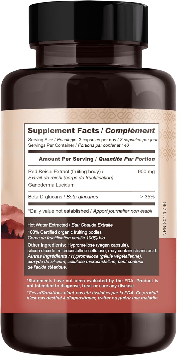 Organic Reishi Mushroom Capsules - Immune Support, Relaxation, Sleep Aid - 100% Fruiting Body - 120 Capsules