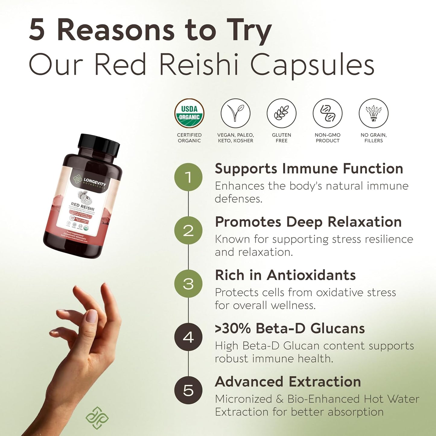 Organic Reishi Mushroom Capsules - Immune Support, Relaxation, Sleep Aid - 100% Fruiting Body - 120 Capsules
