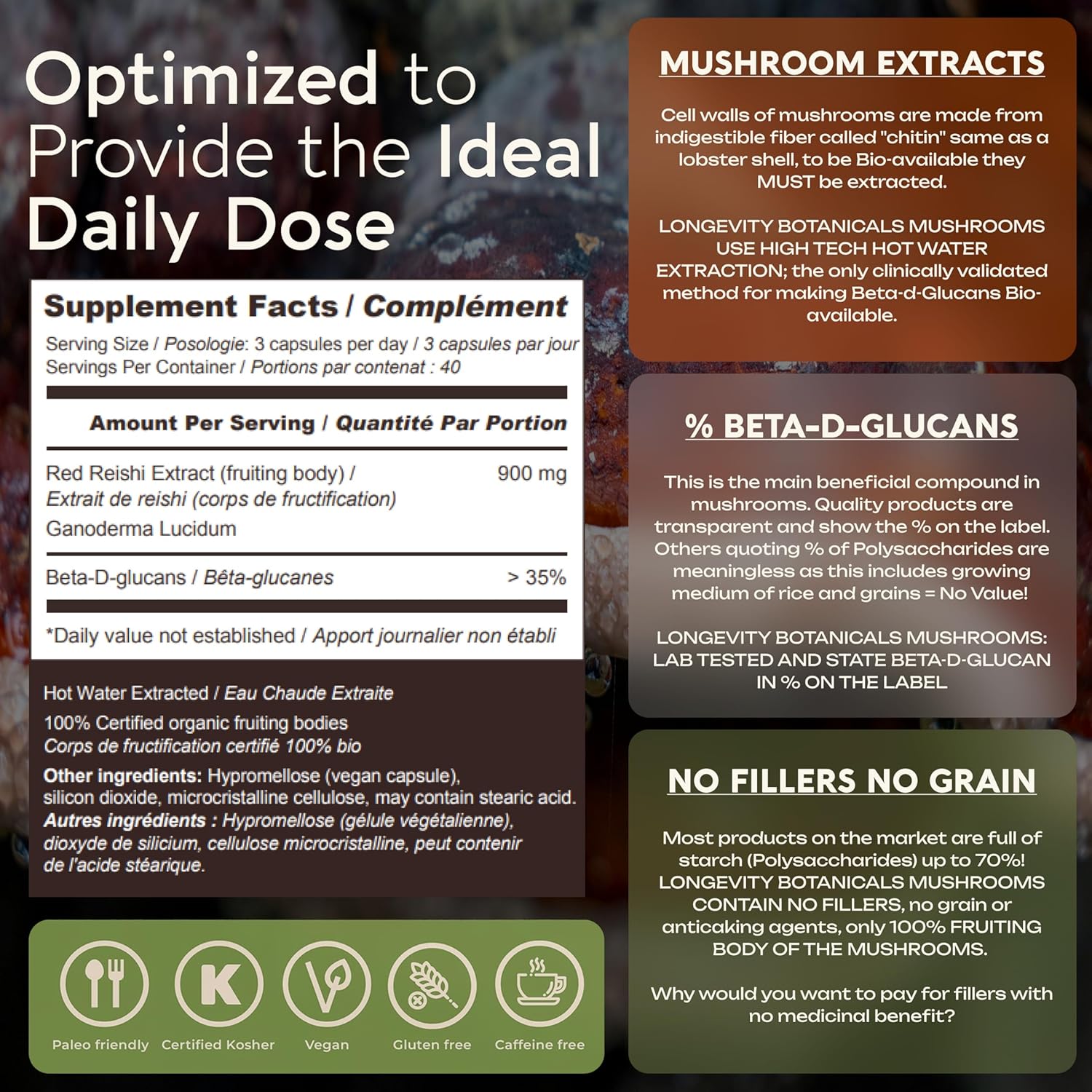 Organic Reishi Mushroom Capsules - Immune Support, Relaxation, Sleep Aid - 100% Fruiting Body - 120 Capsules