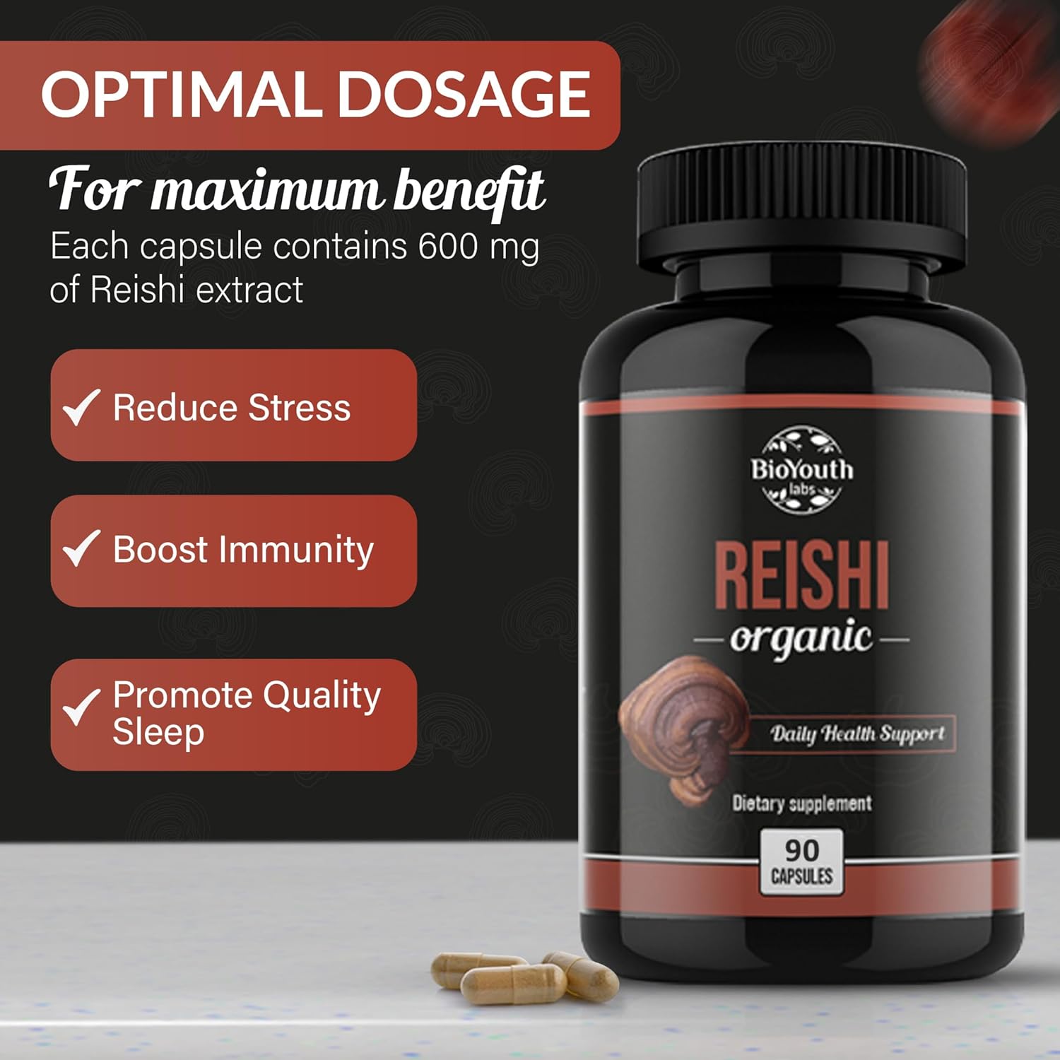 Organic Reishi Mushroom Capsules - Non-GMO & Allergen-Free | 90 Capsules (1-Month Supply) by BioYouth