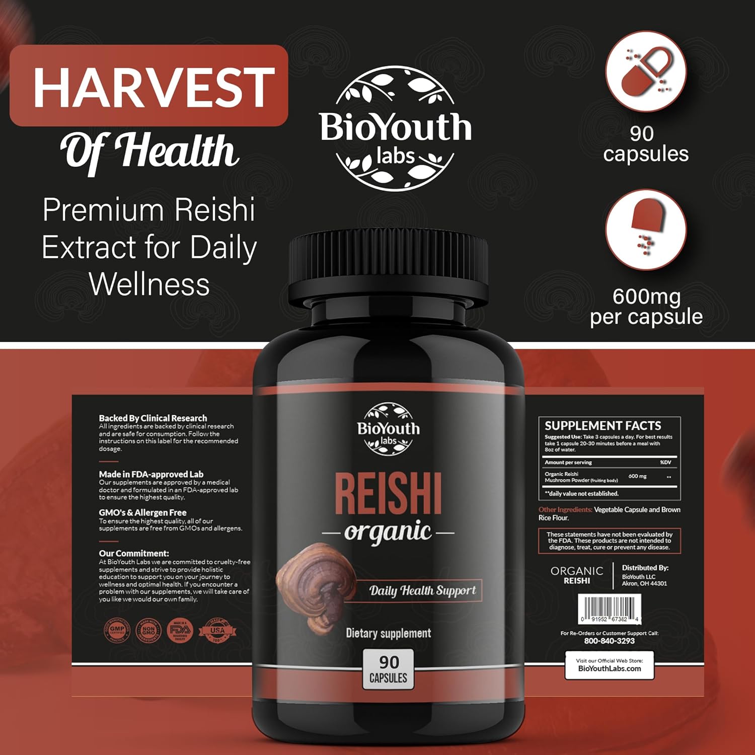 Organic Reishi Mushroom Capsules - Non-GMO & Allergen-Free | 90 Capsules (1-Month Supply) by BioYouth