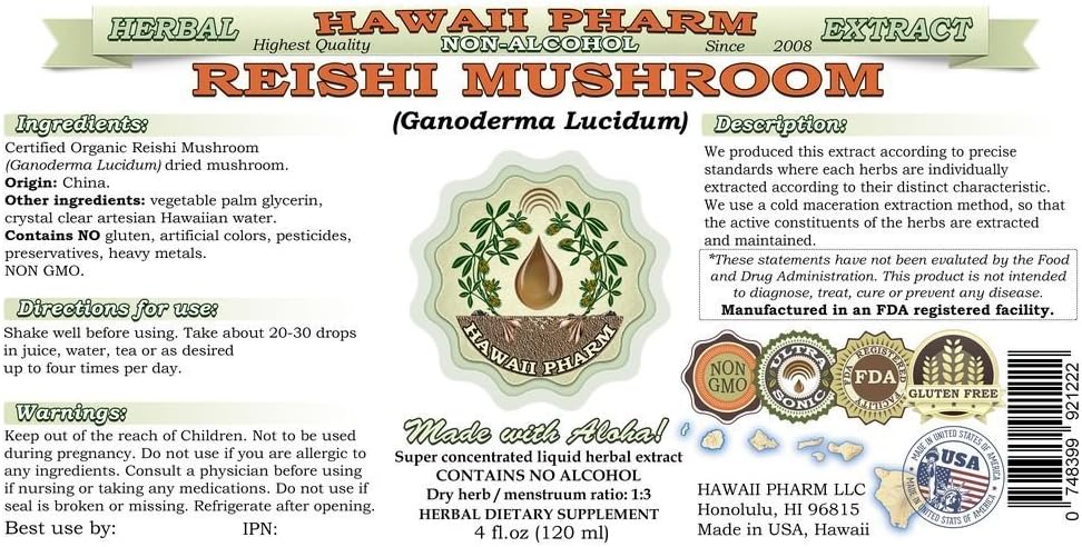 Organic Reishi Mushroom Liquid Extract - Alcohol-Free Tonic, Hawaii Pharm, USA 2 fl.oz