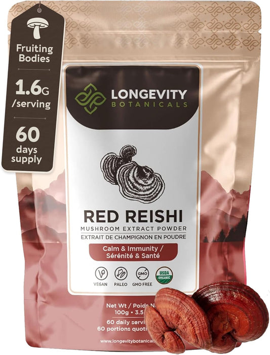 Organic Reishi Mushroom Powder - Immune Support Supplement - Stress Relief & Sleep Aid - 100% Fruiting Body - 100g