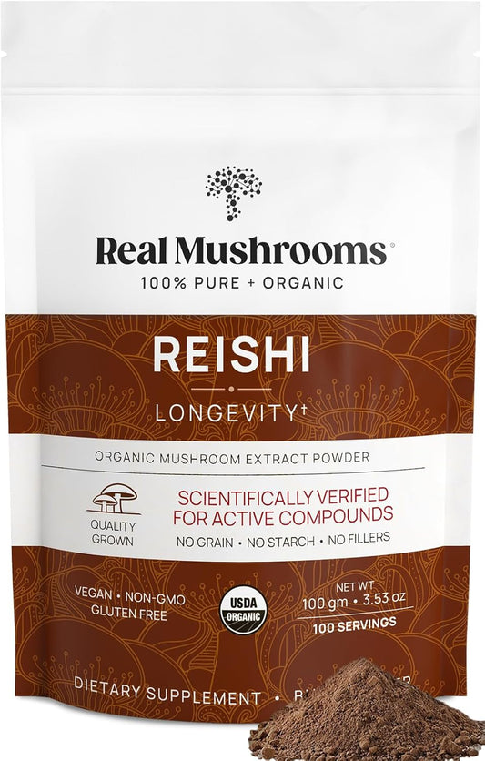 Organic Reishi Mushroom Powder Supplement for Longevity, Mood, Sleep, Immune Support - Vegan, Non-GMO - 100 Servings