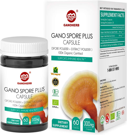 Organic Reishi Mushroom Spore Capsules with Ganoderma Lucidum Extract - Vegan, Non-GMO, Gluten Free - 60 Veg Caps