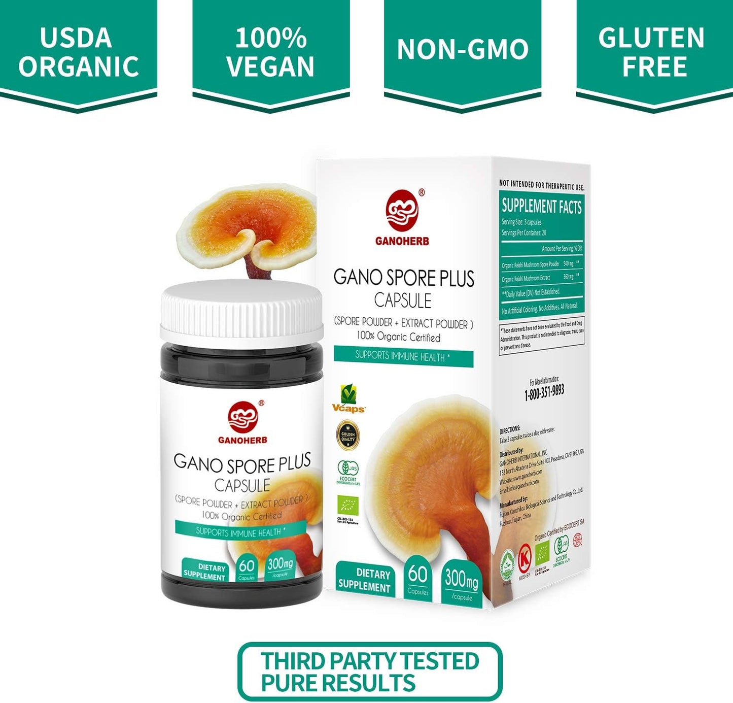 Organic Reishi Mushroom Spore Capsules with Ganoderma Lucidum Extract - Vegan, Non-GMO, Gluten Free - 60 Veg Caps