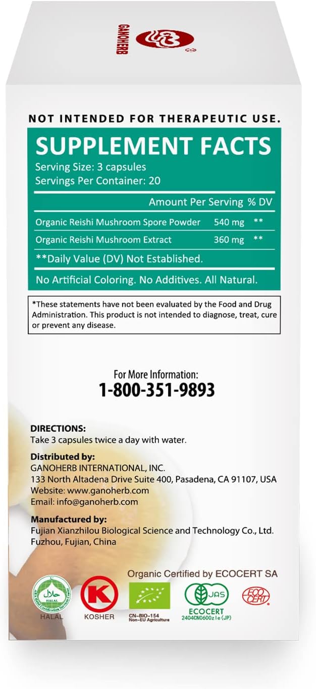 Organic Reishi Mushroom Spore Capsules with Ganoderma Lucidum Extract - Vegan, Non-GMO, Gluten Free - 60 Veg Caps