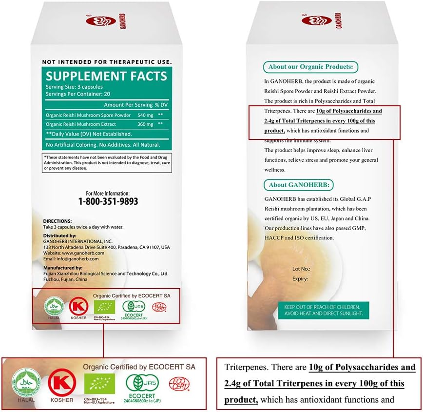 Organic Reishi Mushroom Spore Capsules with Ganoderma Lucidum Extract - Vegan, Non-GMO, Gluten Free - 60 Veg Caps